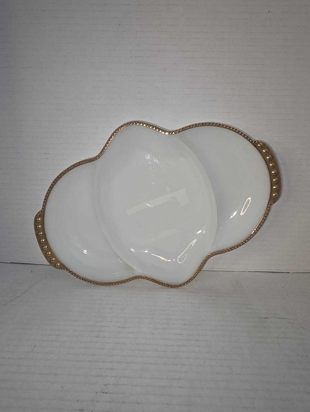 Vintage Fire King USA Oven Ware White Milk Glass with Gold Trim Divided Dish 11"